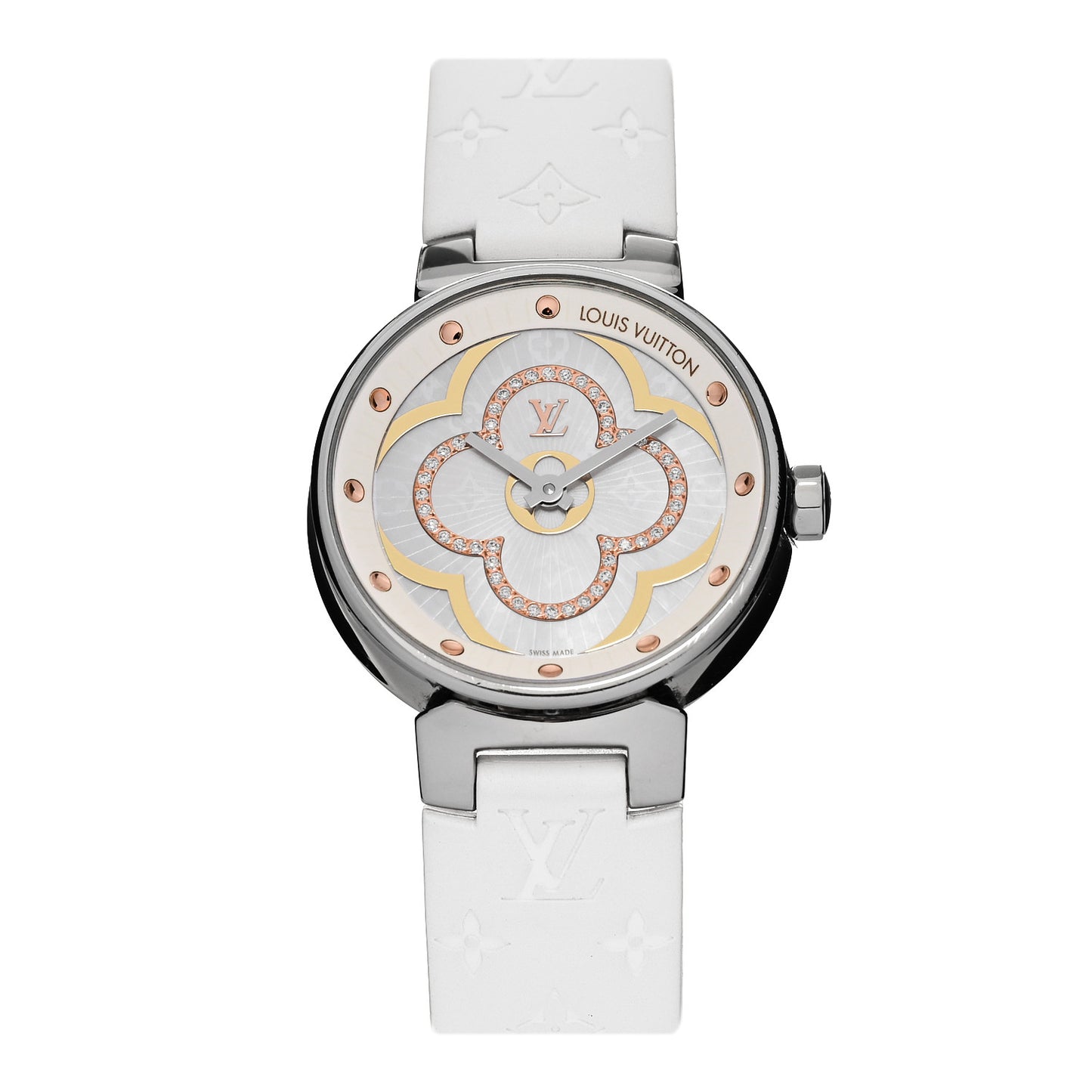 Stainless Steel Rubber Diamond 28mm Tambour Moon Divine Quartz Watch White