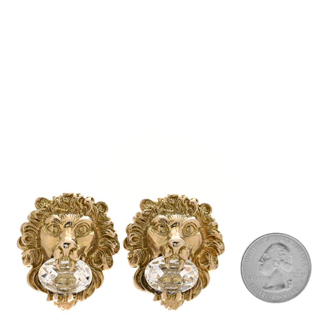 Crystal Lion Head Clip On Earrings Aged Gold