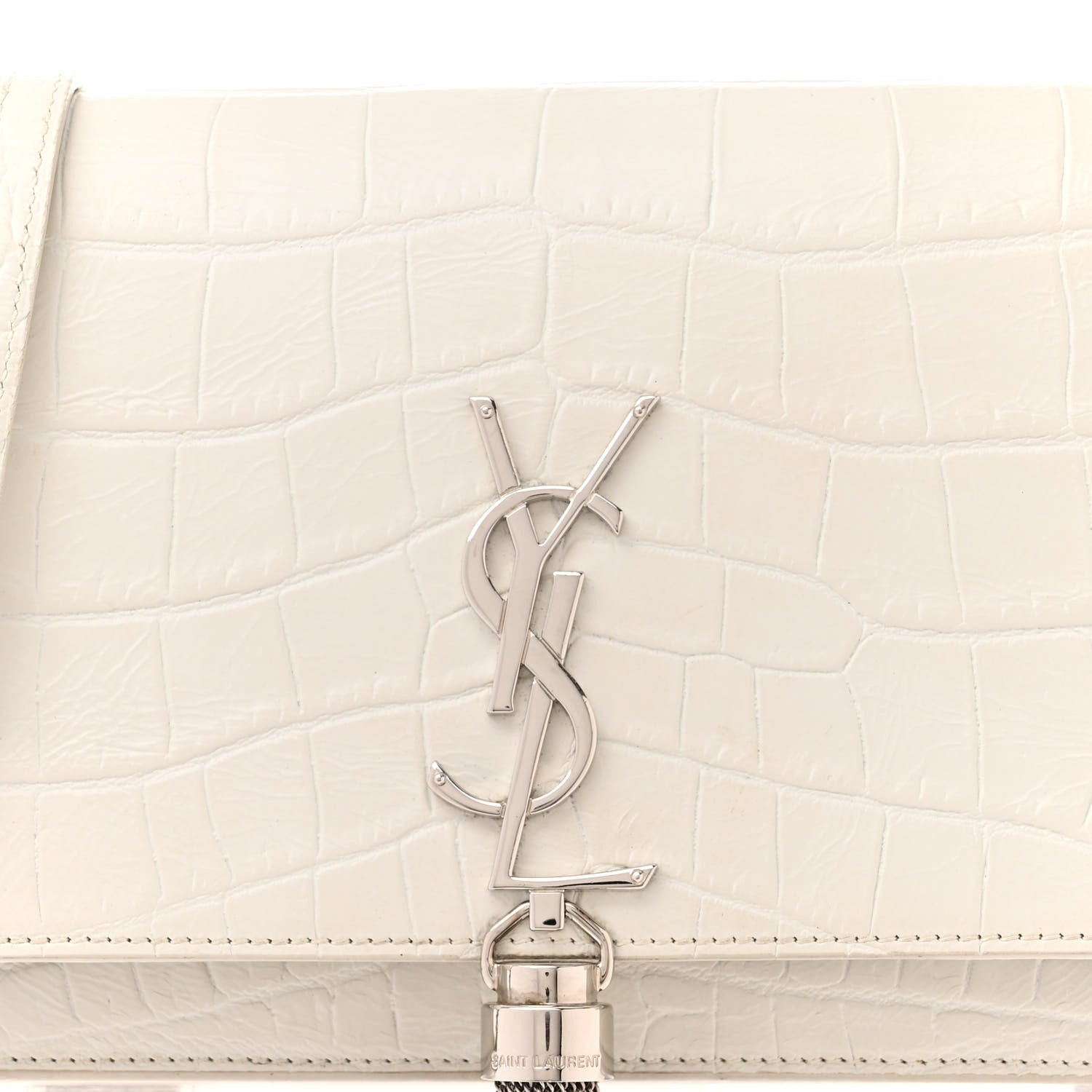 Saint Laurent Calfskin Crocodile Embossed Kate Monogram Tassel Chain Wallet Crema Soft 8 of 11