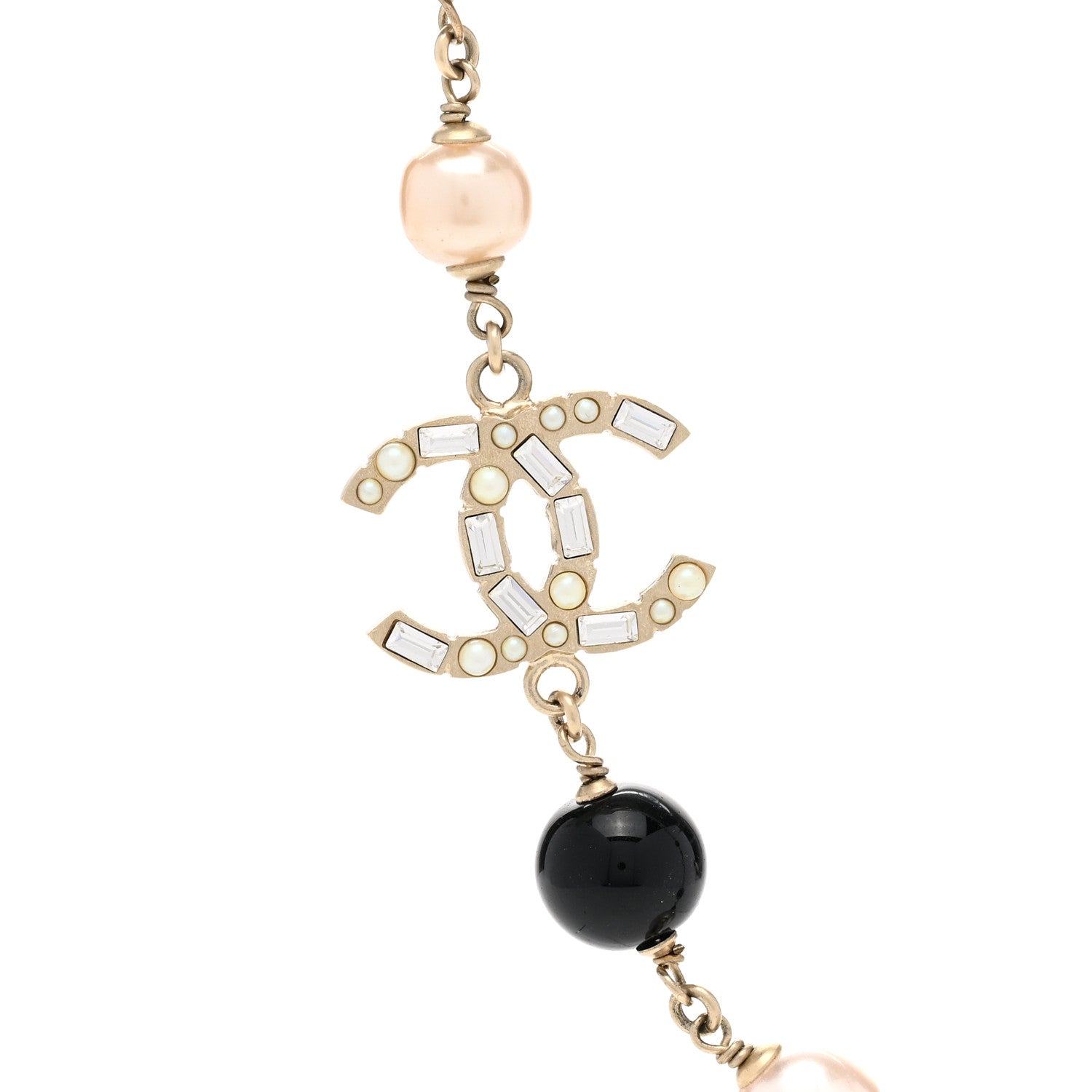 Chanel Pearl Crystal Baguette Beaded CC Long Necklace Black Gold 4 of 6