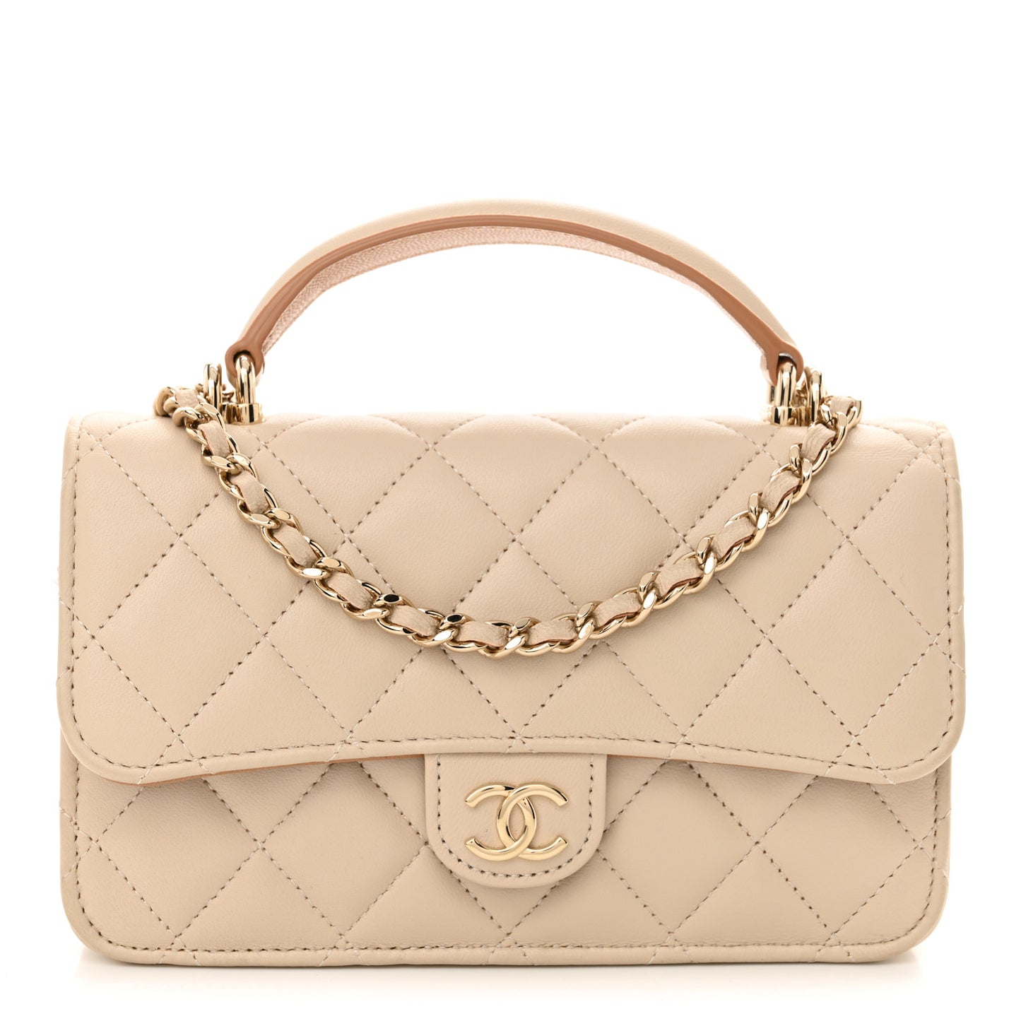 Lambskin Quilted Flap Phone Holder With Chain Ecru Dark Beige