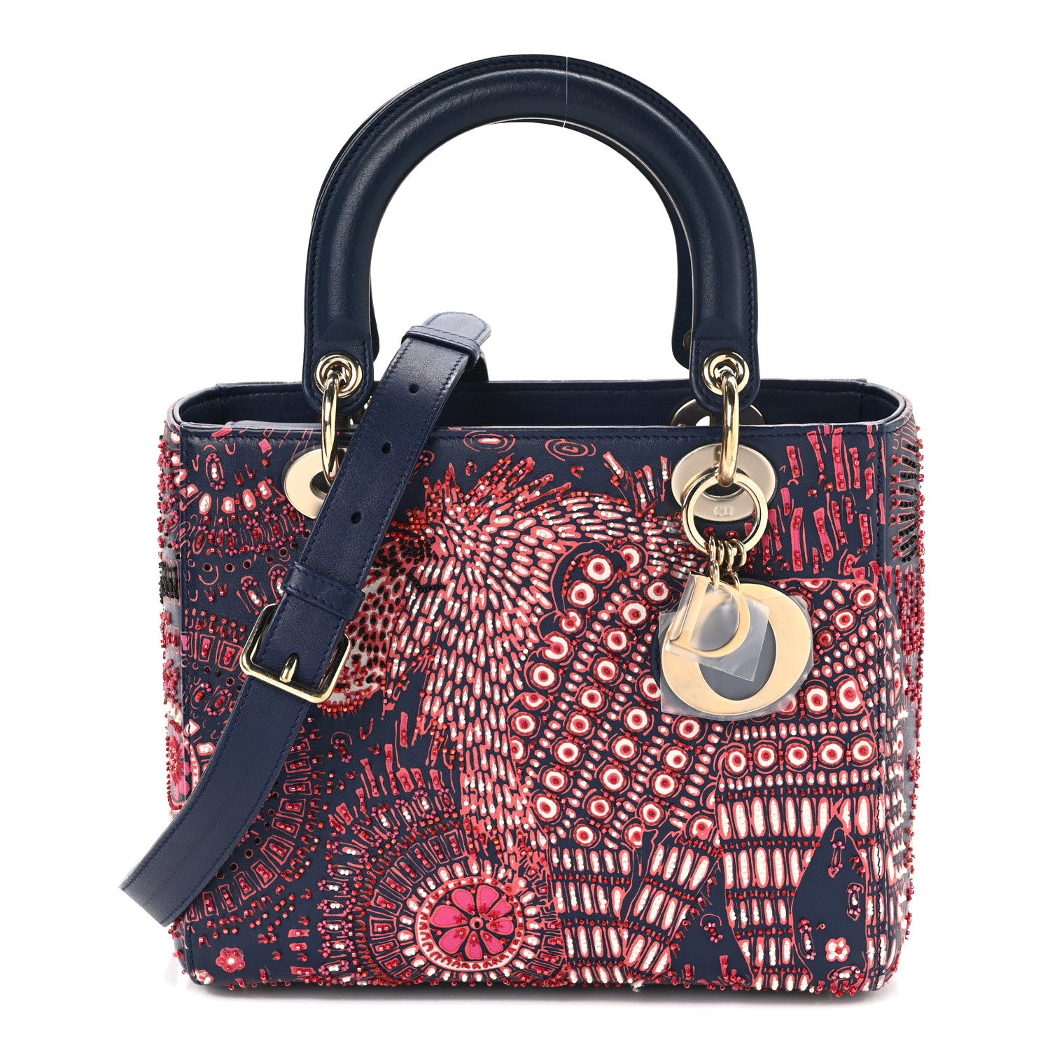 Christian Dior Smooth Calfskin Beaded Animals Medium Lady Dior Deep Blue Fuchsia 1 of 16
