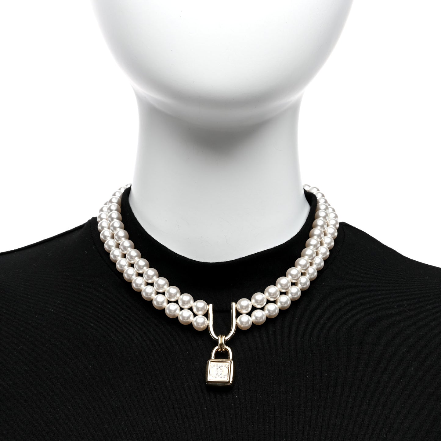 Pearl Crystal CC Lock Choker Necklace Gold Pearly White