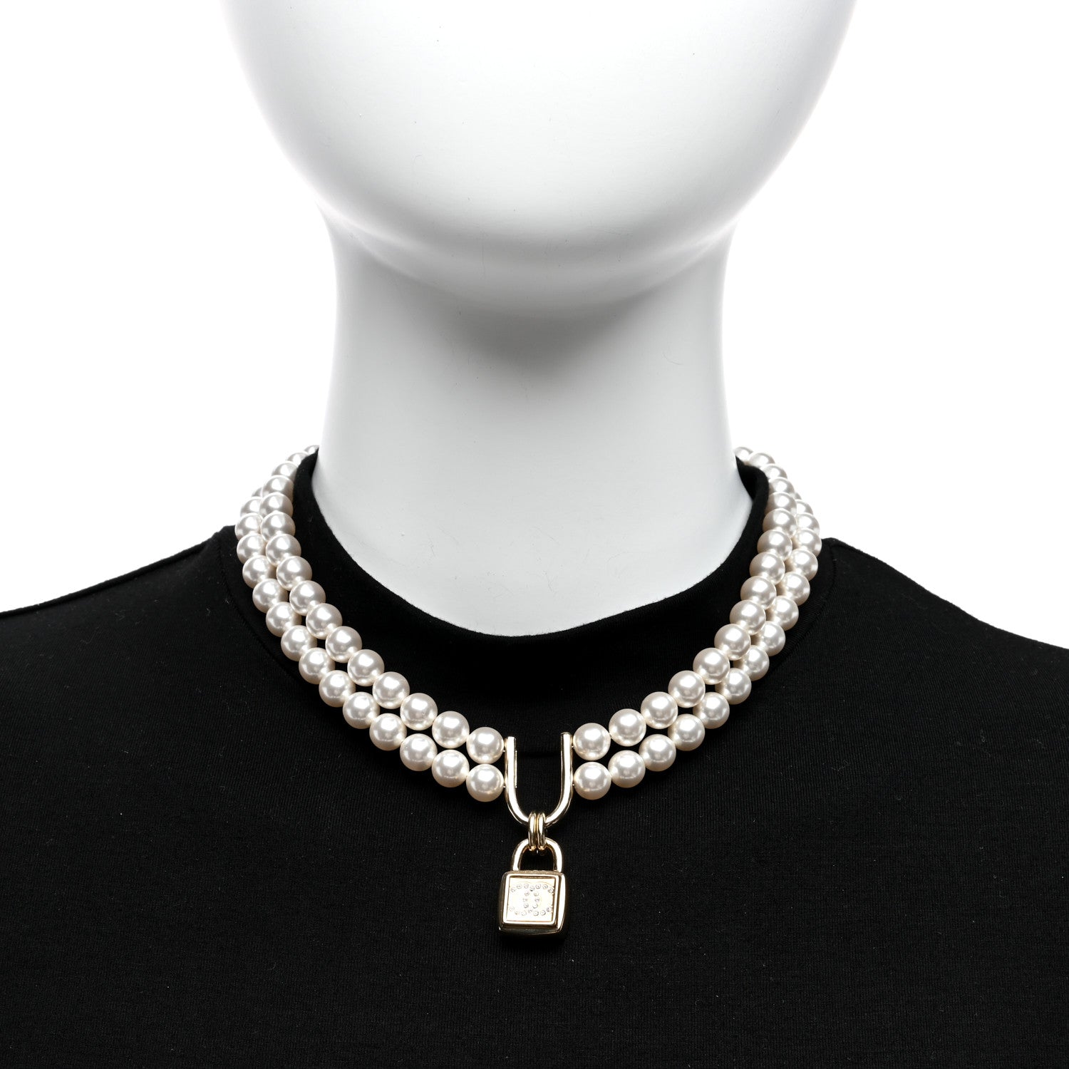 Chanel Pearl Crystal CC Lock Choker Necklace Gold Pearly White 3 of 5