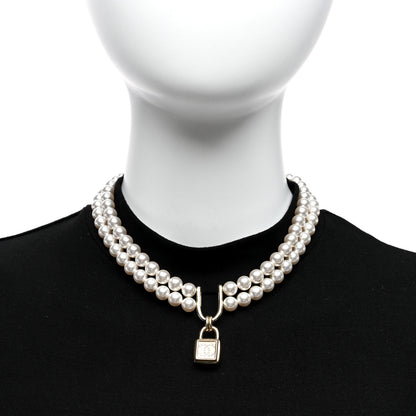 Chanel Pearl Crystal CC Lock Choker Necklace Gold Pearly White 3 of 5