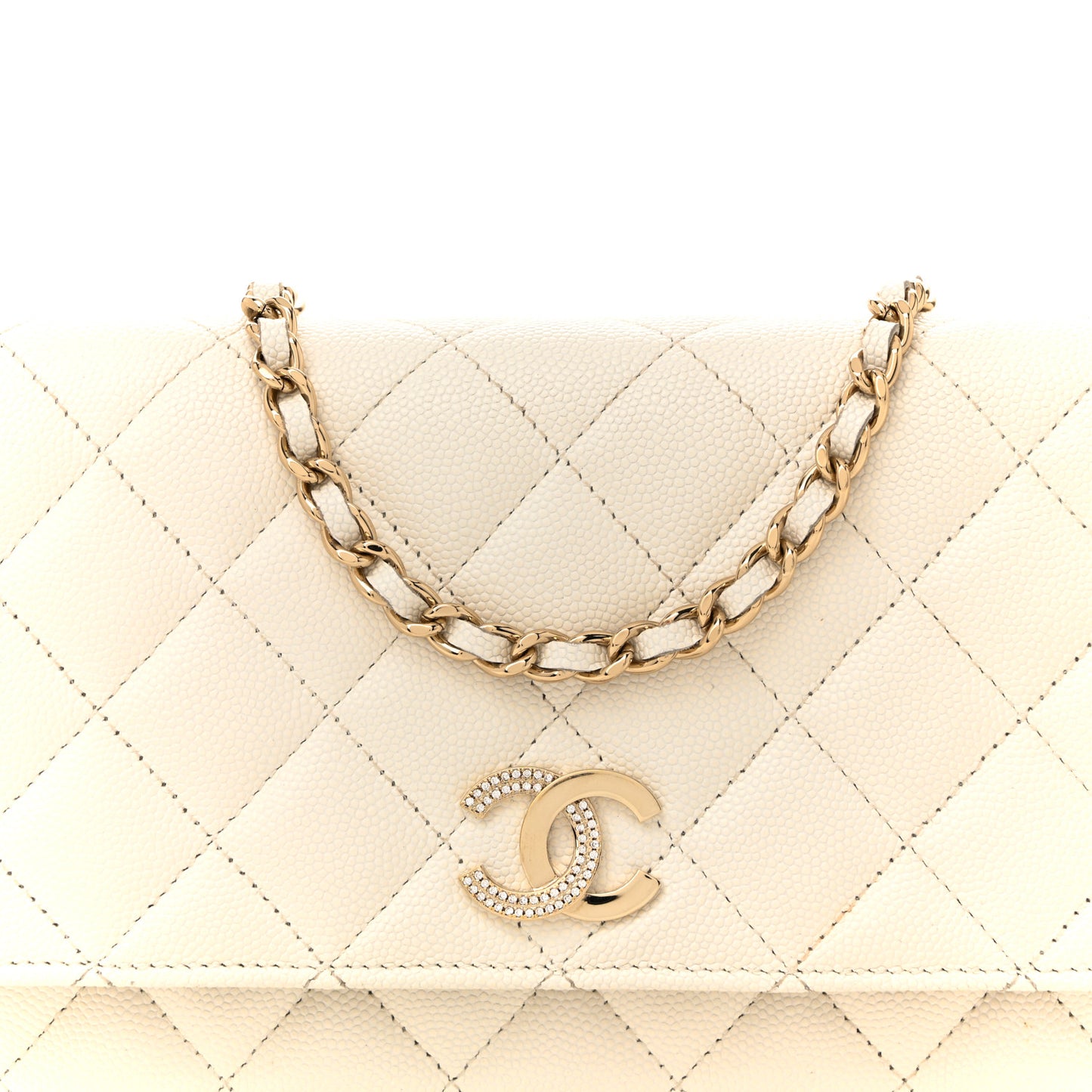 Caviar Quilted Crystal CC Wallet On Chain WOC White