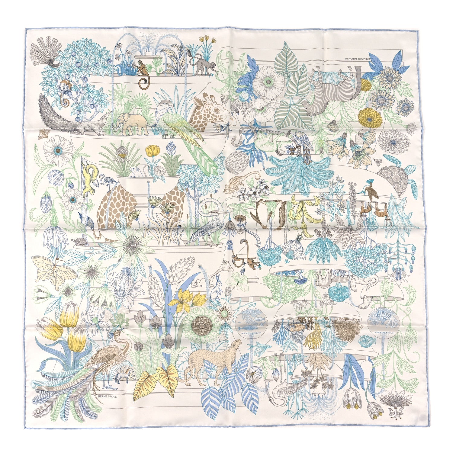 Hermes Silk Twill Precious Paradise Scarf 90 White Acqua Menthol 1 of 3
