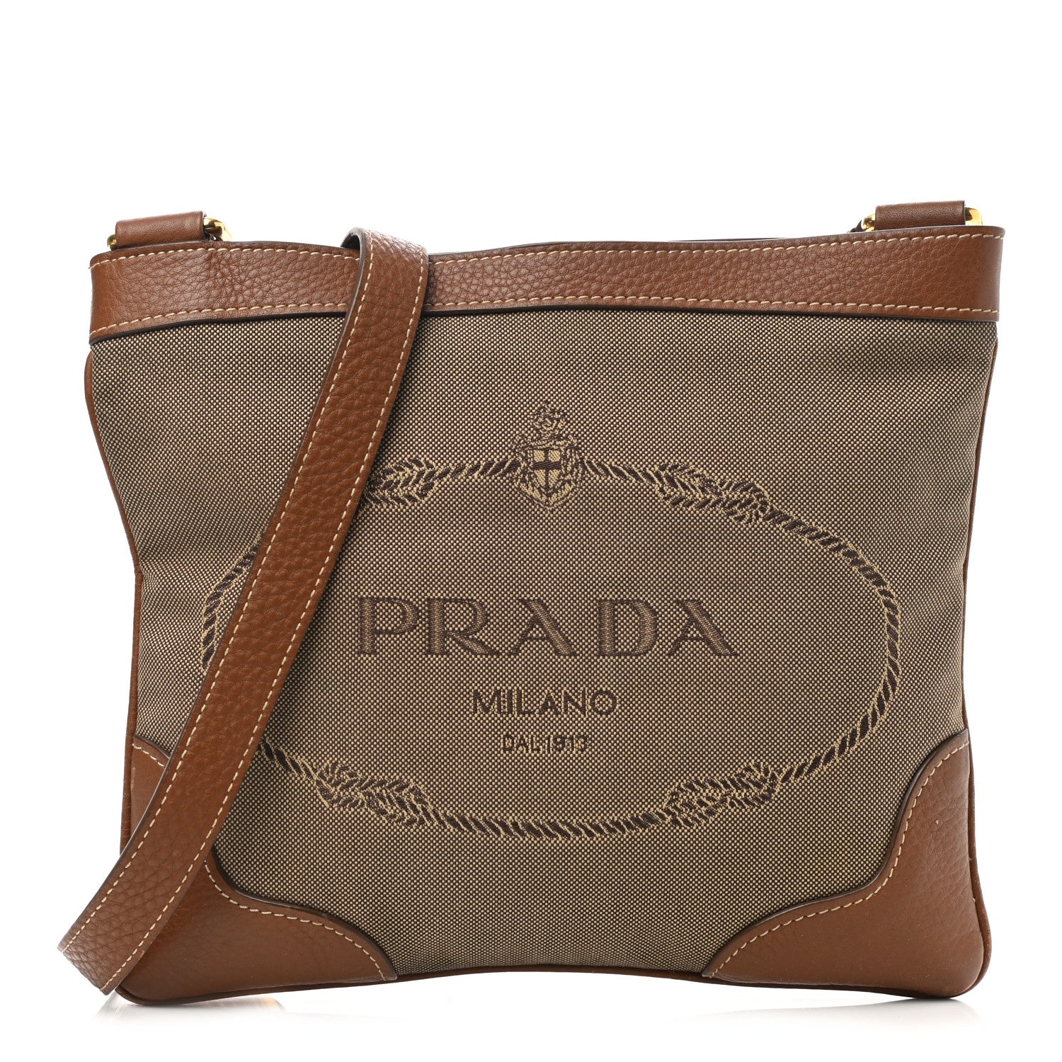Prada Jacquard Logo Small Flat Messenger Bag Corda Brandy 1 of 15