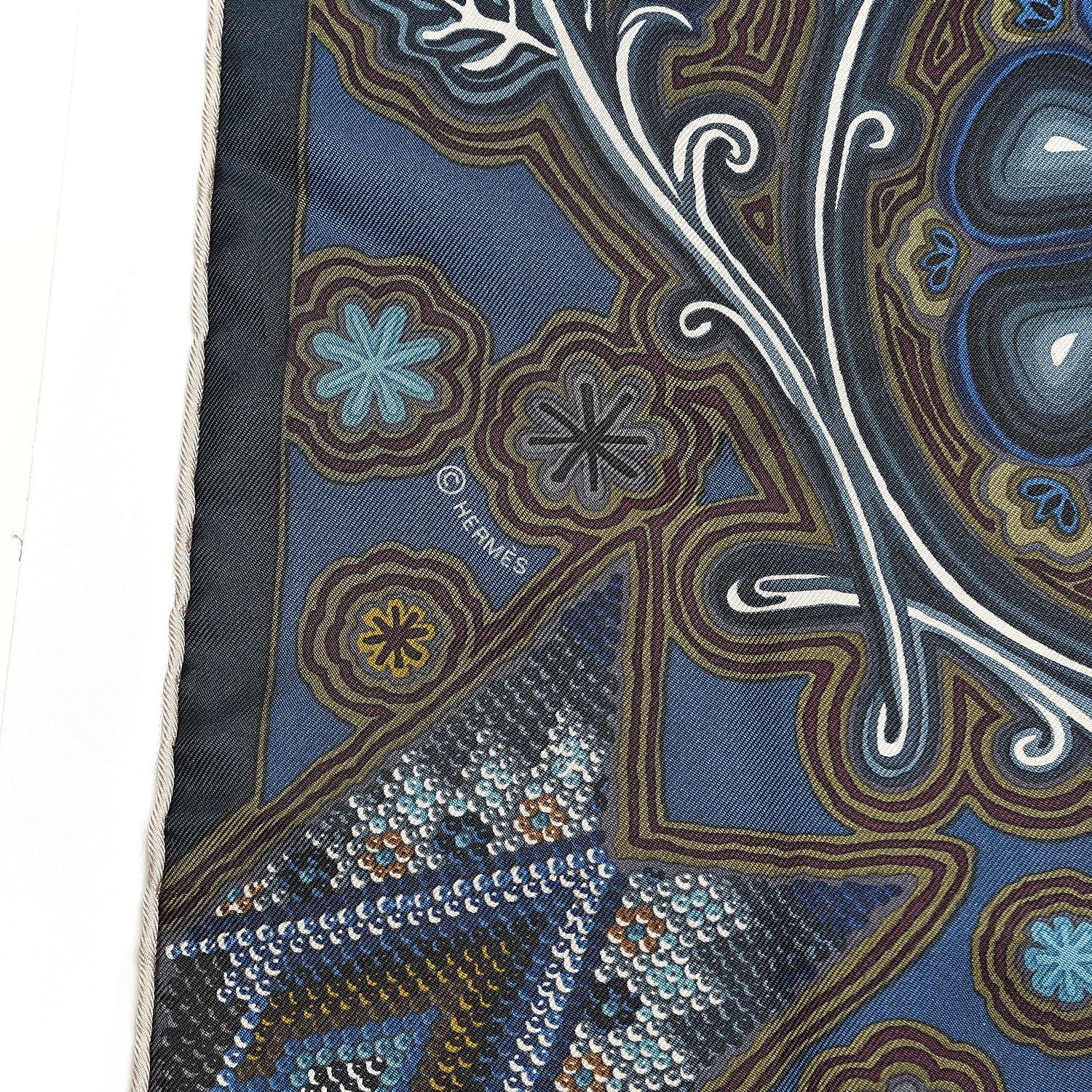 Hermes Silk L'Arbre Du Vent Scarf 90 Ardoise Creme Kaki Clair 4 of 5