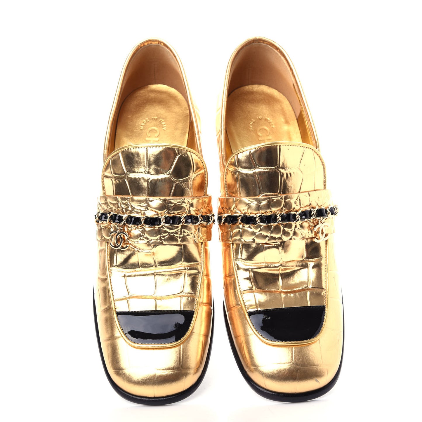 Metallic Crocodile Embossed Calfskin CC Chain Mocassin Loafers 38 Gold