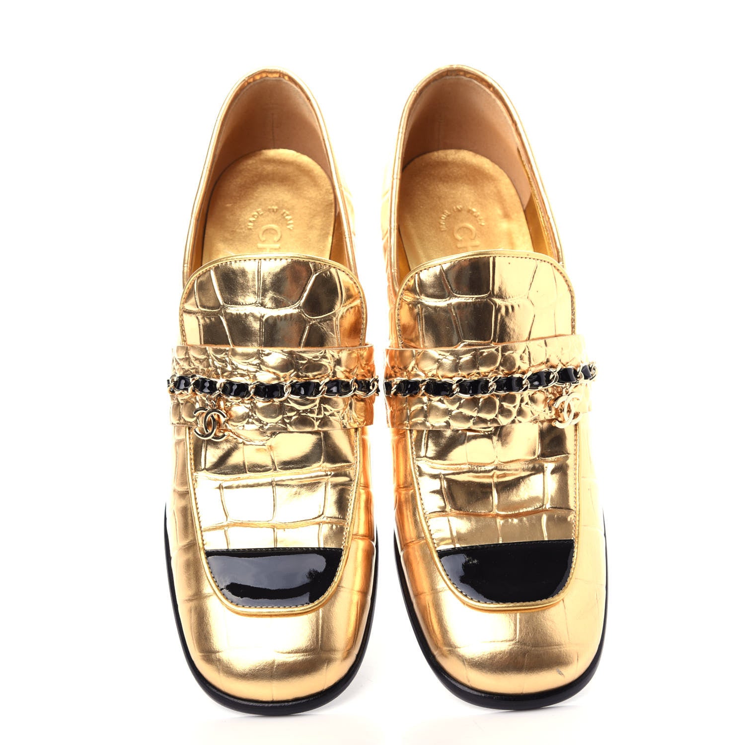 Chanel Metallic Crocodile Embossed Calfskin CC Chain Mocassin Loafers 38 Gold 5 of 11