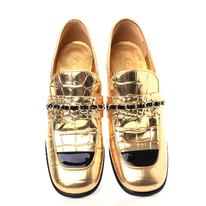 Chanel Metallic Crocodile Embossed Calfskin CC Chain Mocassin Loafers 38 Gold 5 of 11