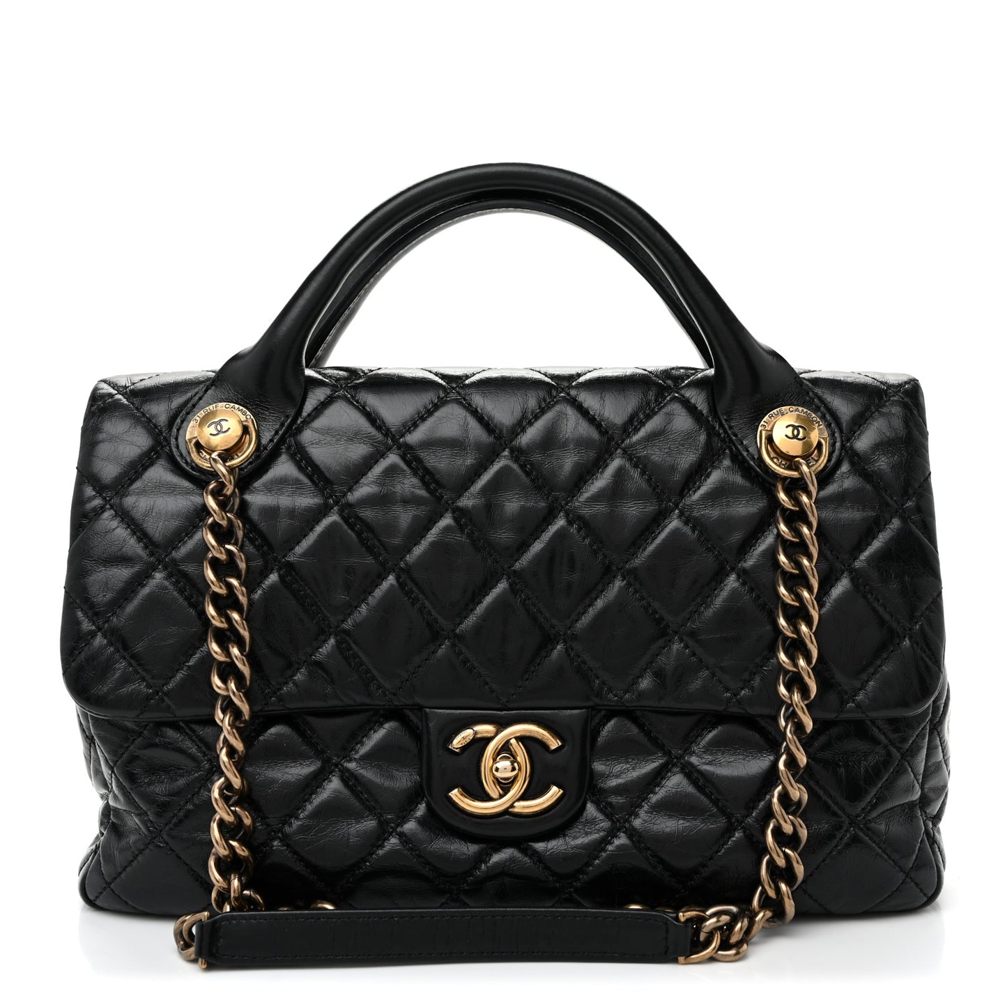 Glazed Calfskin Castle Rock Medium Flap Black