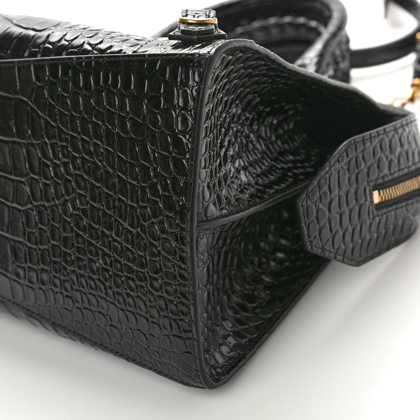 Shiny Supple Calfskin Crocodile Embossed Brass Hardware Neo Classic City Black