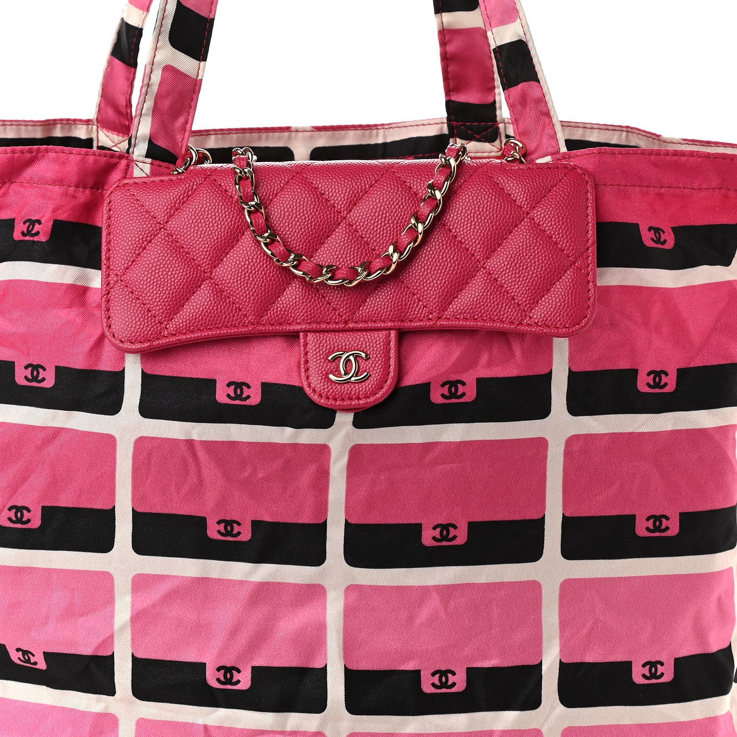 Caviar Fabric Quilted Foldable Tote With Chain Pink Multicolor
