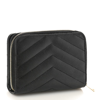 Saint Laurent Grain De Poudre Matelasse Chevron Monogram Compact Zip Around Wallet Black 3 of 8