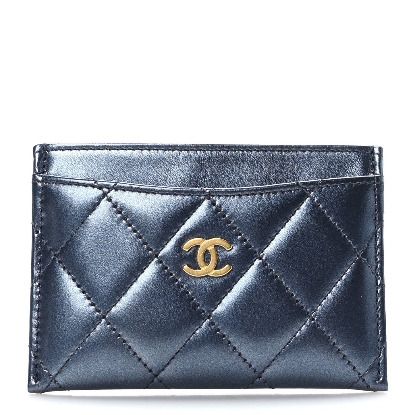 Metallic Lambskin Quilted Card Holder Dark Blue