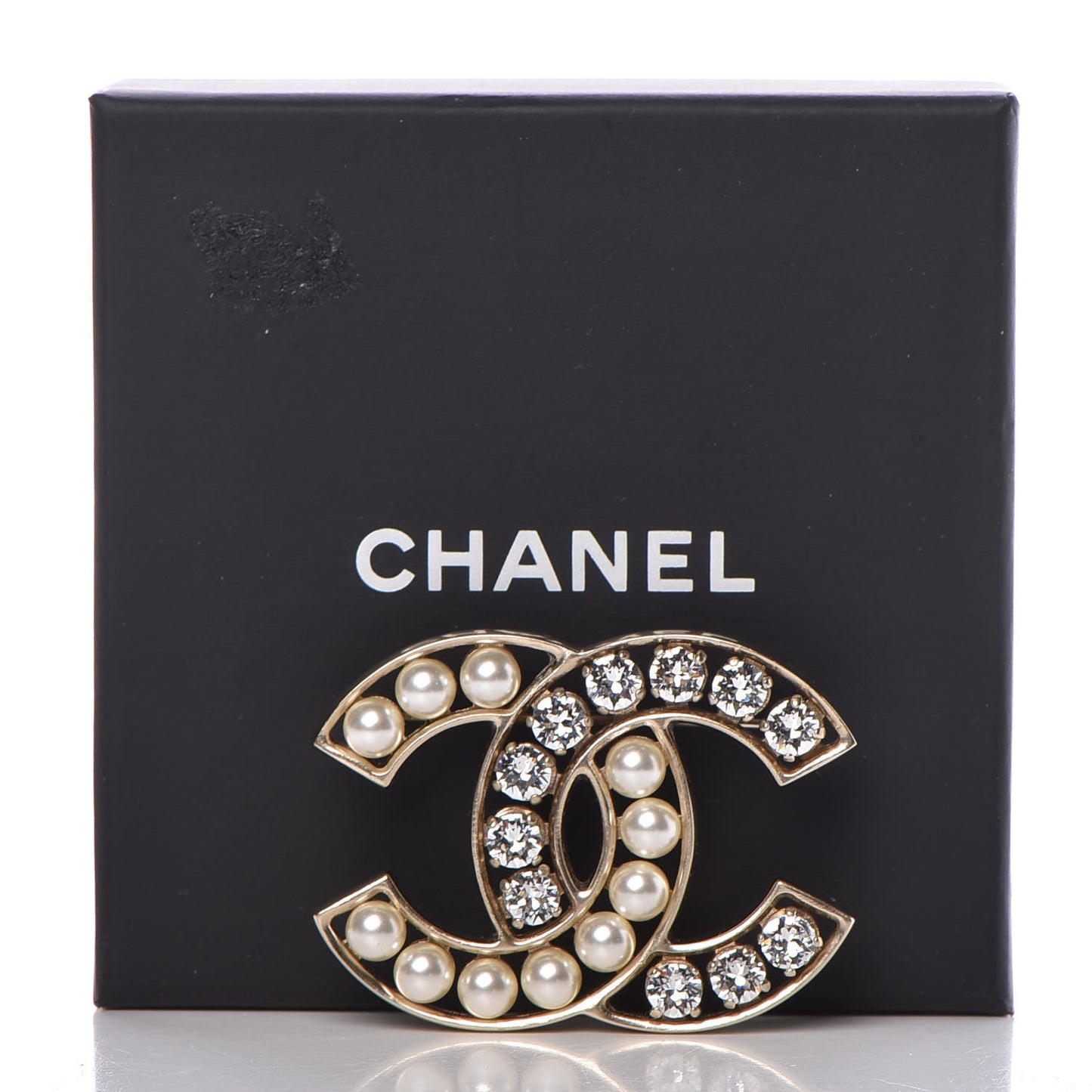 Pearl Crystal CC Brooch Gold