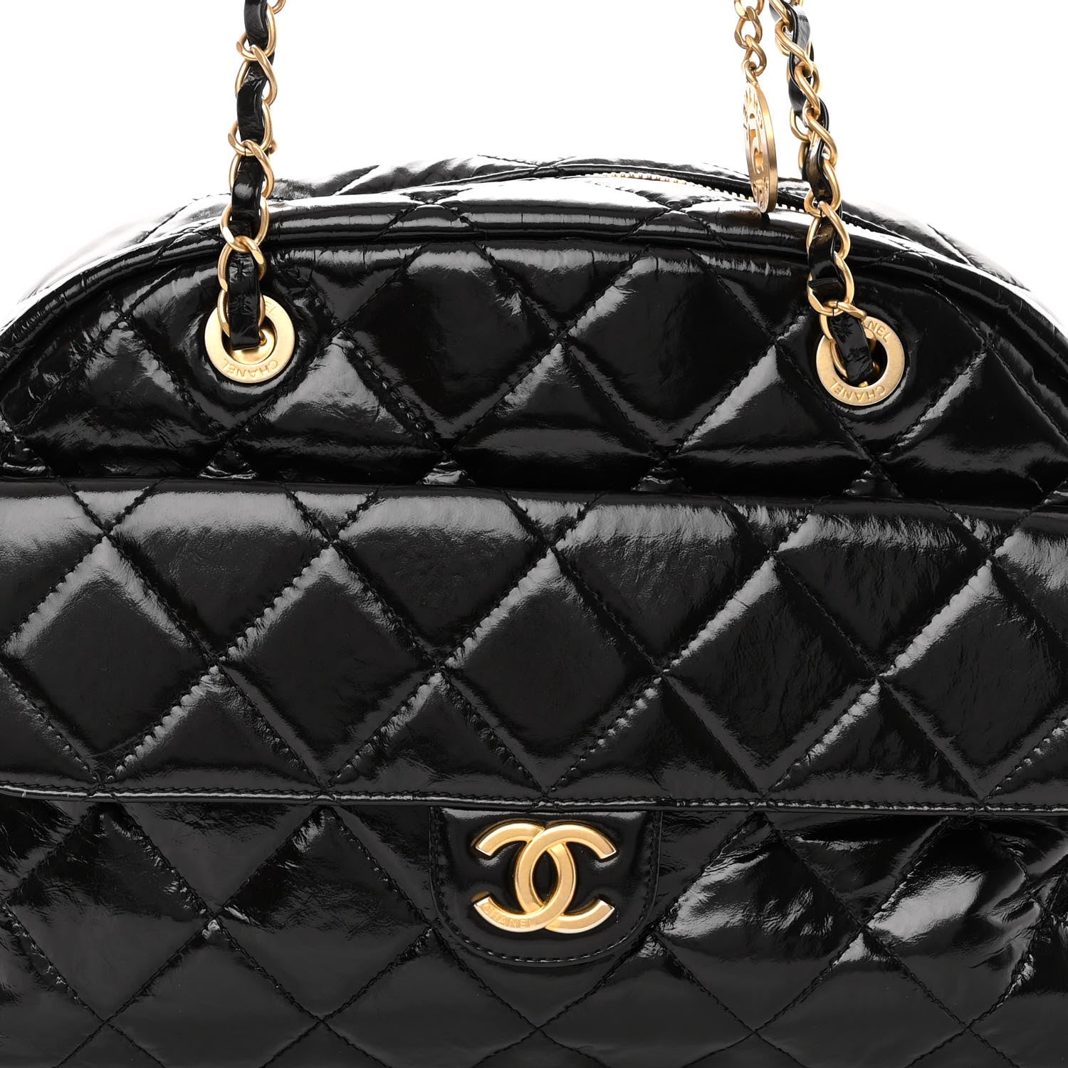Chanel Shiny Crumpled Calfskin Quilted Large Bowling Bag Black 7 of 10