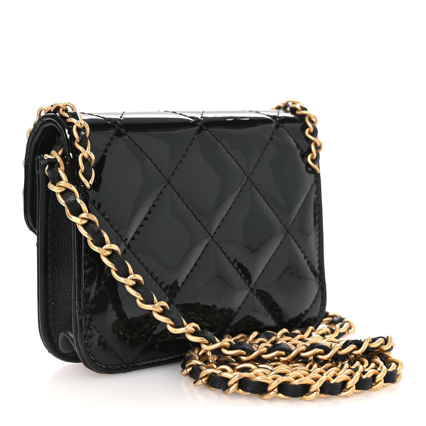 Patent Quilted Chain Around Heart Mini Chain Flap Black