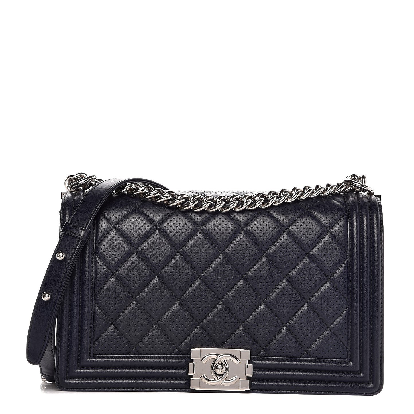 Perforated Lambskin Quilted New Medium Boy Flap Navy