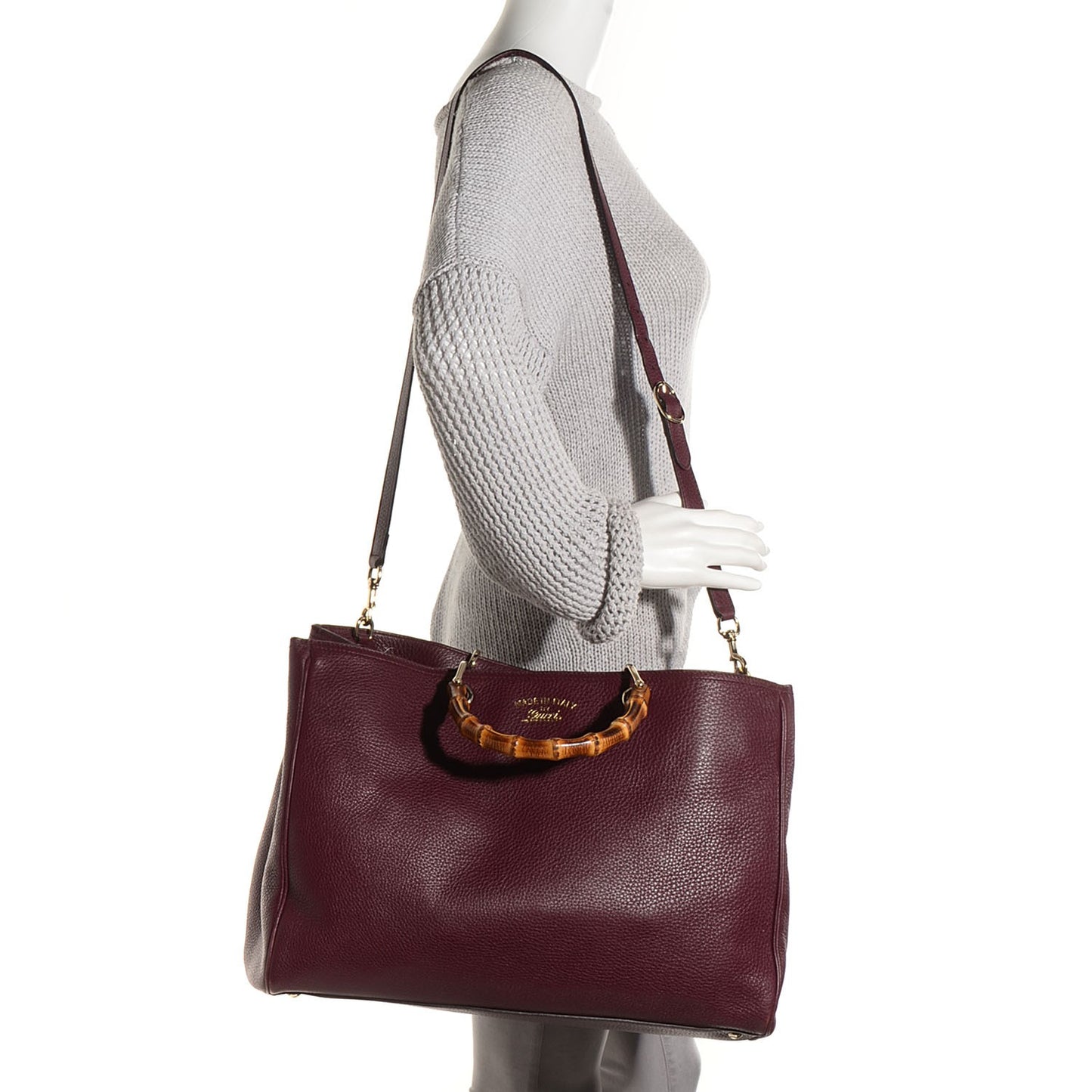 Leather Large Bamboo Shopper Tote Burgundy