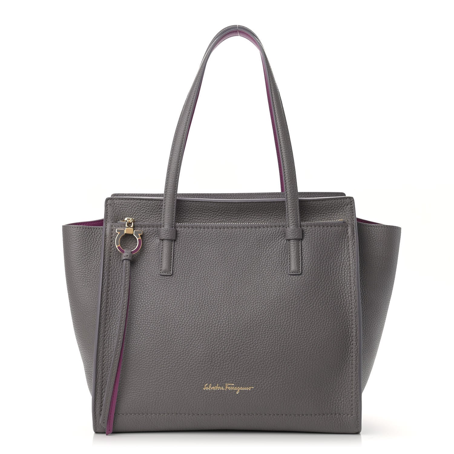 Salvatore Ferragamo Hammered Calfskin Double Handle Medium Amy Tote Grey 1 of 10