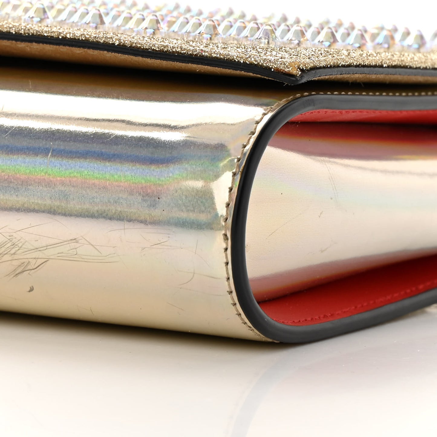 Metallic Glitter Patent Calfskin Spikes Boudoir Chain Wallet Silver