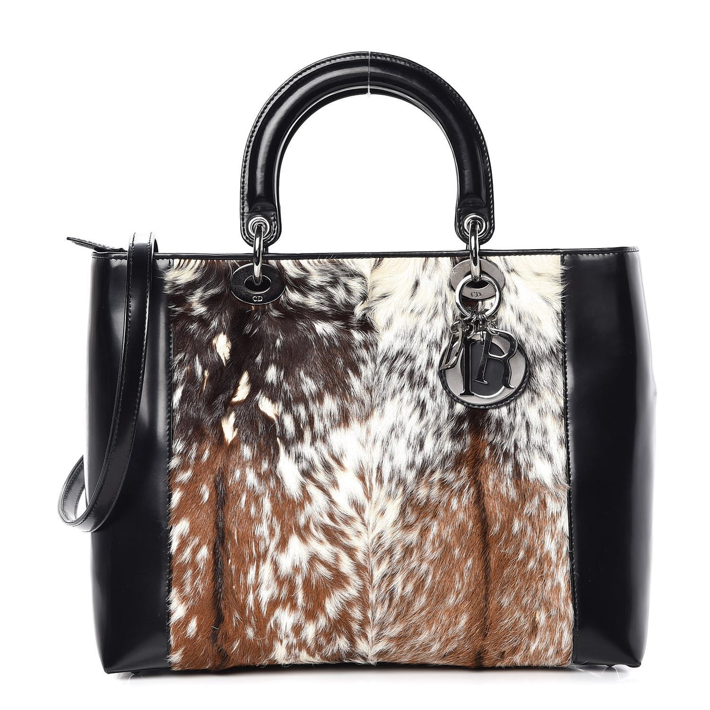 Patent Pony Hair Deer Print Large Lady Dior Black