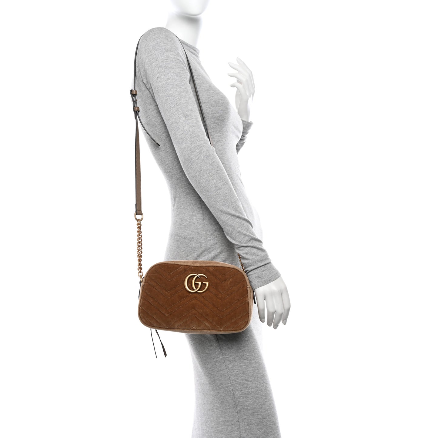 Velvet Matelasse Small GG Marmont Chain Shoulder Bag Taupe