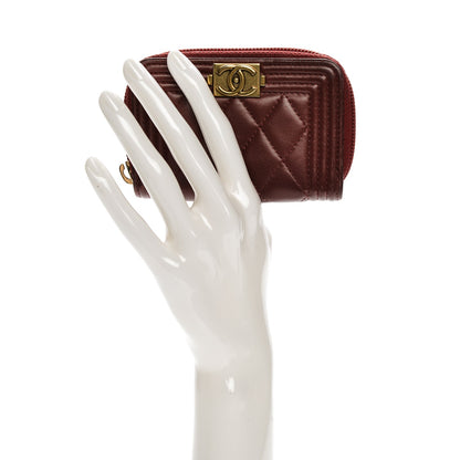 Chanel Lambskin Quilted Boy Zip Around Coin Purse Wallet Dark Red 2 of 9