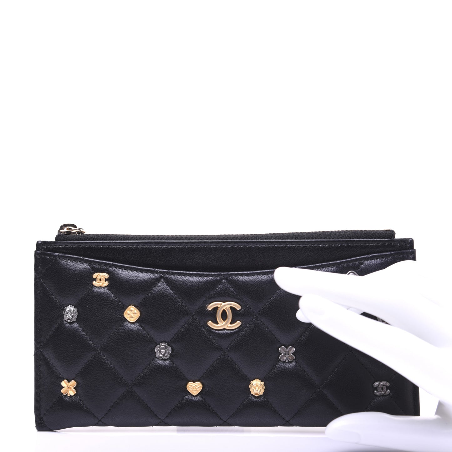 Lambskin Quilted Lucky Charms Classic Zip Pouch Black
