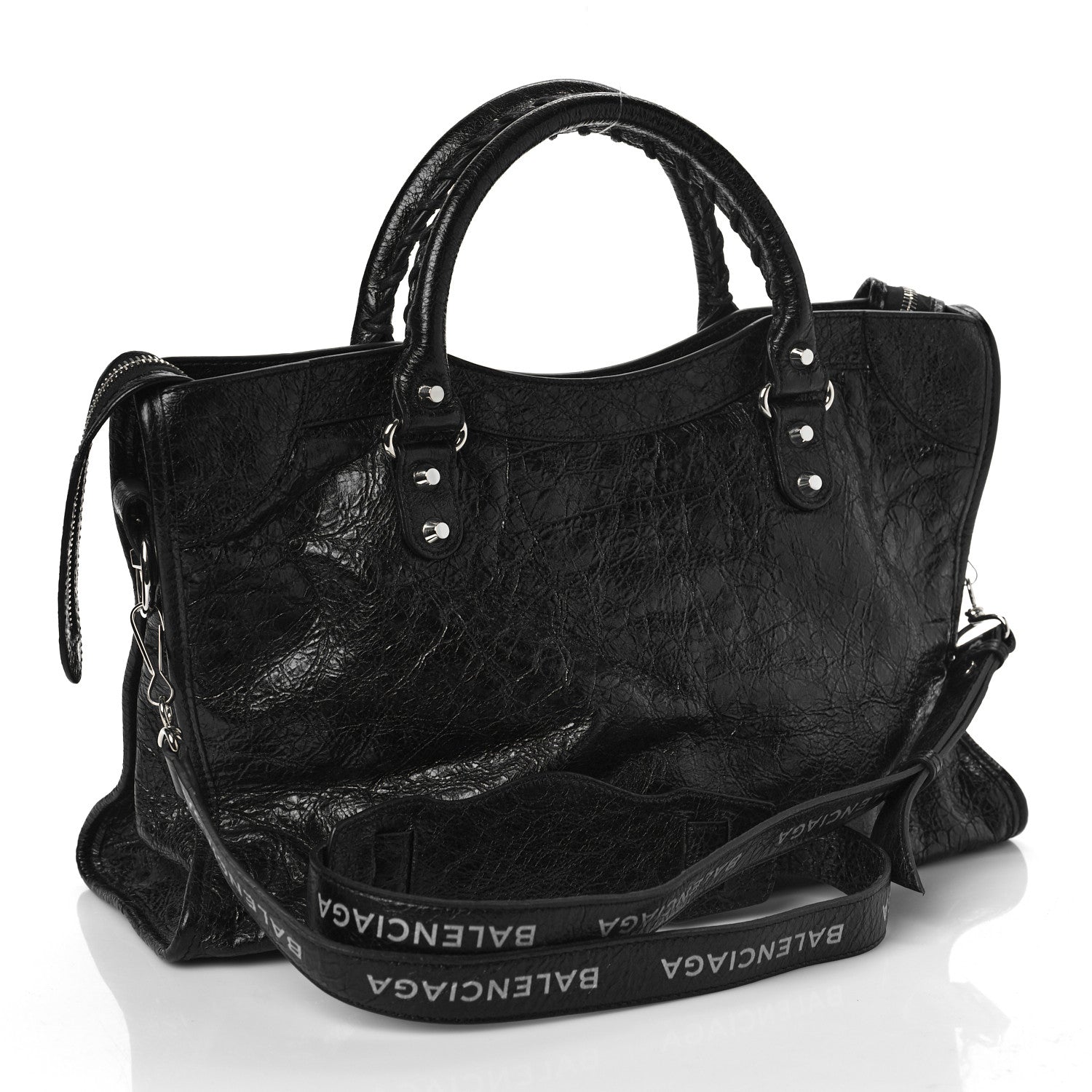 Balenciaga Agneau Classic Silver Hardware City Logo Strap Black White 3 of 9