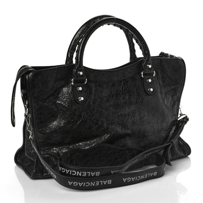 Balenciaga Agneau Classic Silver Hardware City Logo Strap Black White 3 of 9