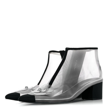 Chanel Mesh Grosgrain Camellia Short Boots 38.5 Grey Black 3 of 9