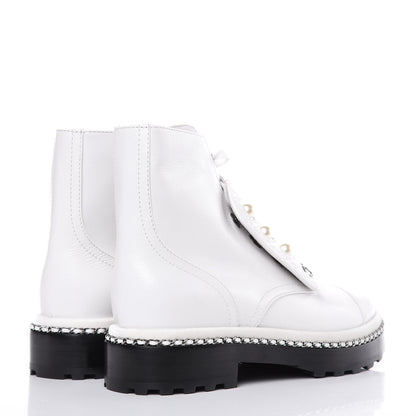 Chanel Crackled Calfskin Pearl Chain CC Combat Short Boots 36.5 White 4 of 8