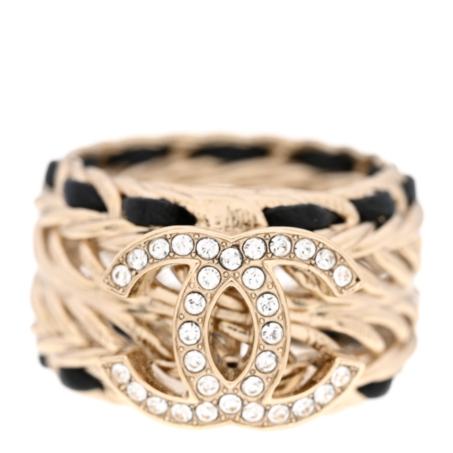 Metal Crystal Lambskin CC Ring 54 Gold Black