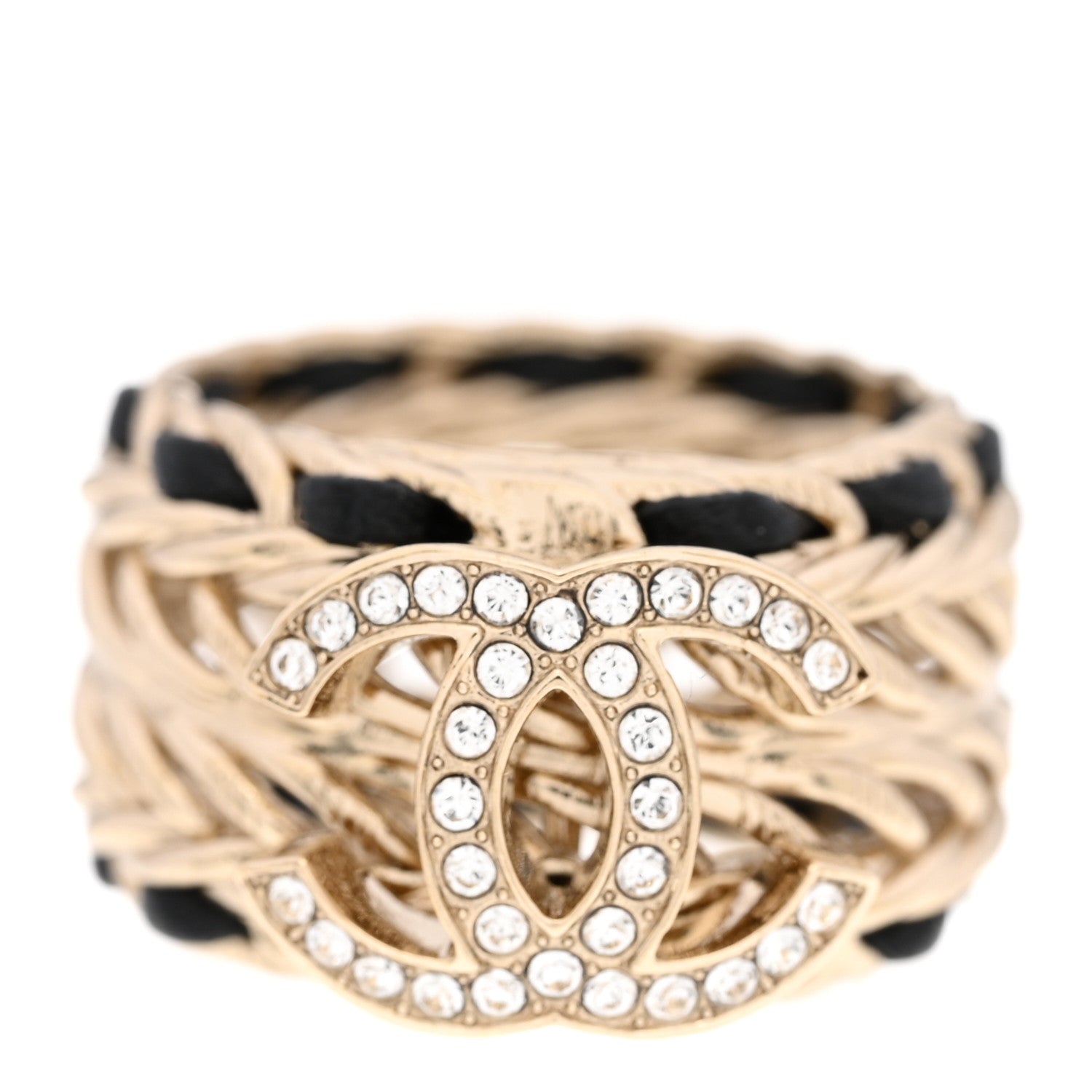 Chanel Metal Crystal Lambskin CC Ring 54 Gold Black 1 of 5