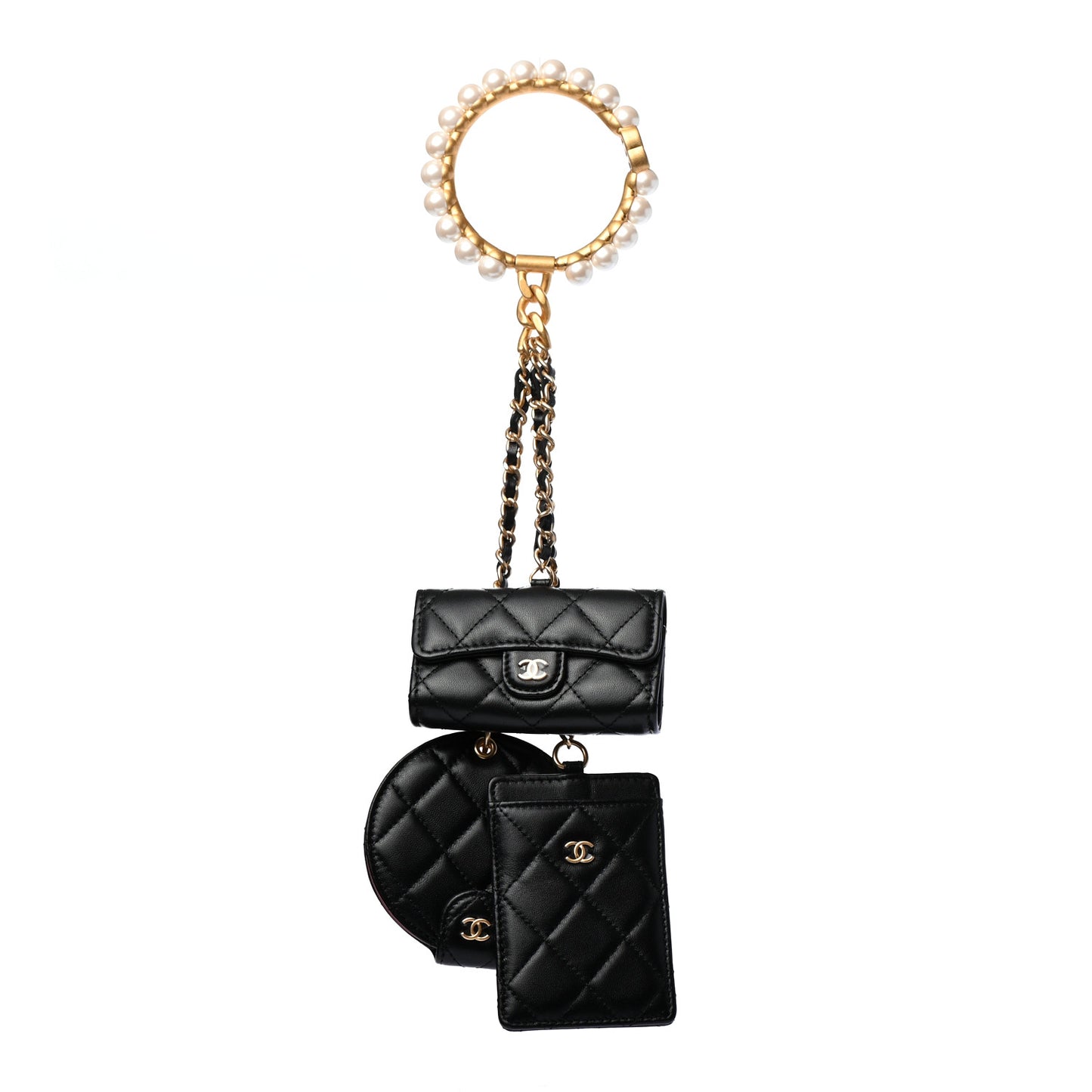 Pearl Lambskin Pearl Crown CC Wristlet Multi Pouches Black