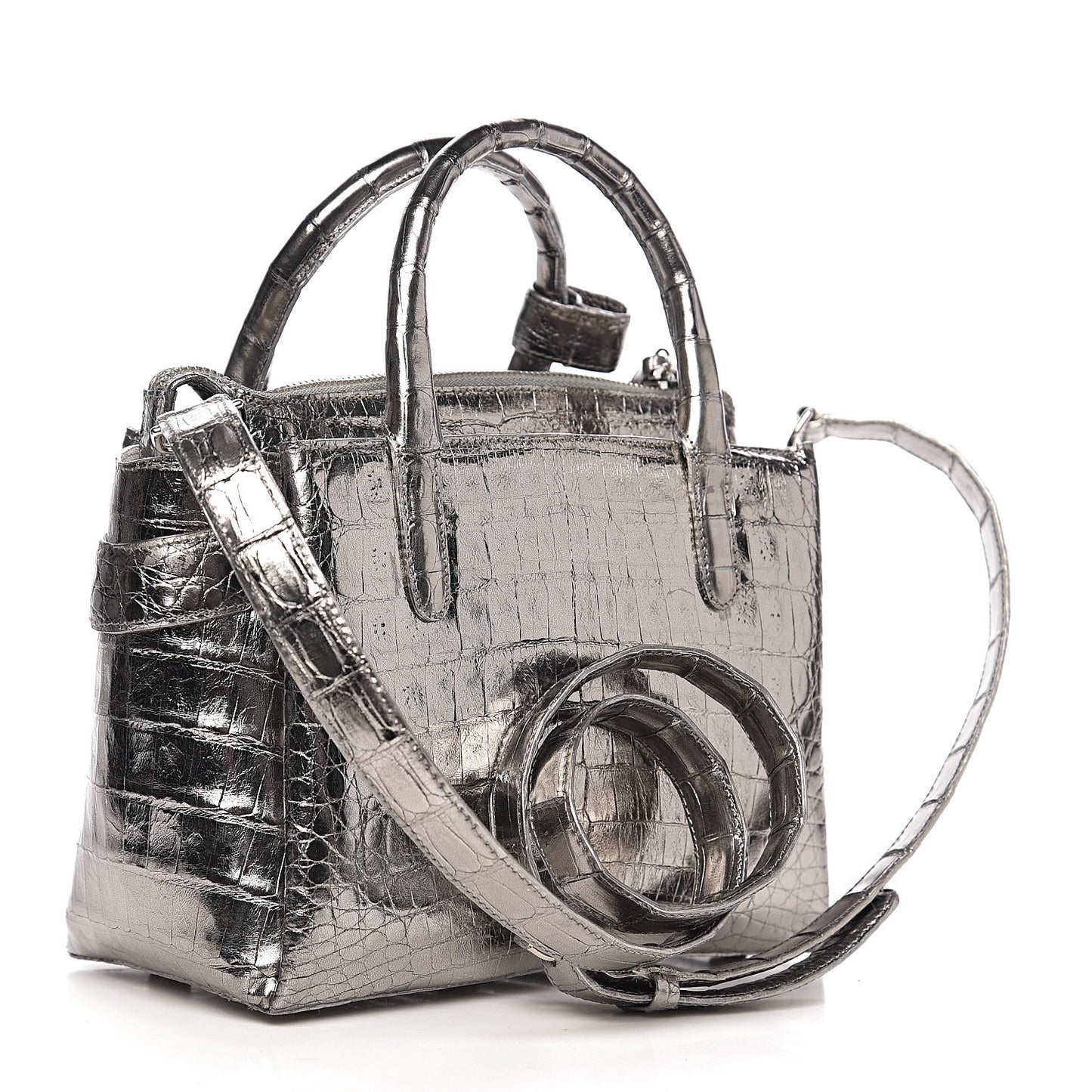 Metallic Crocodile Top Handle Shoulder Bag Silver