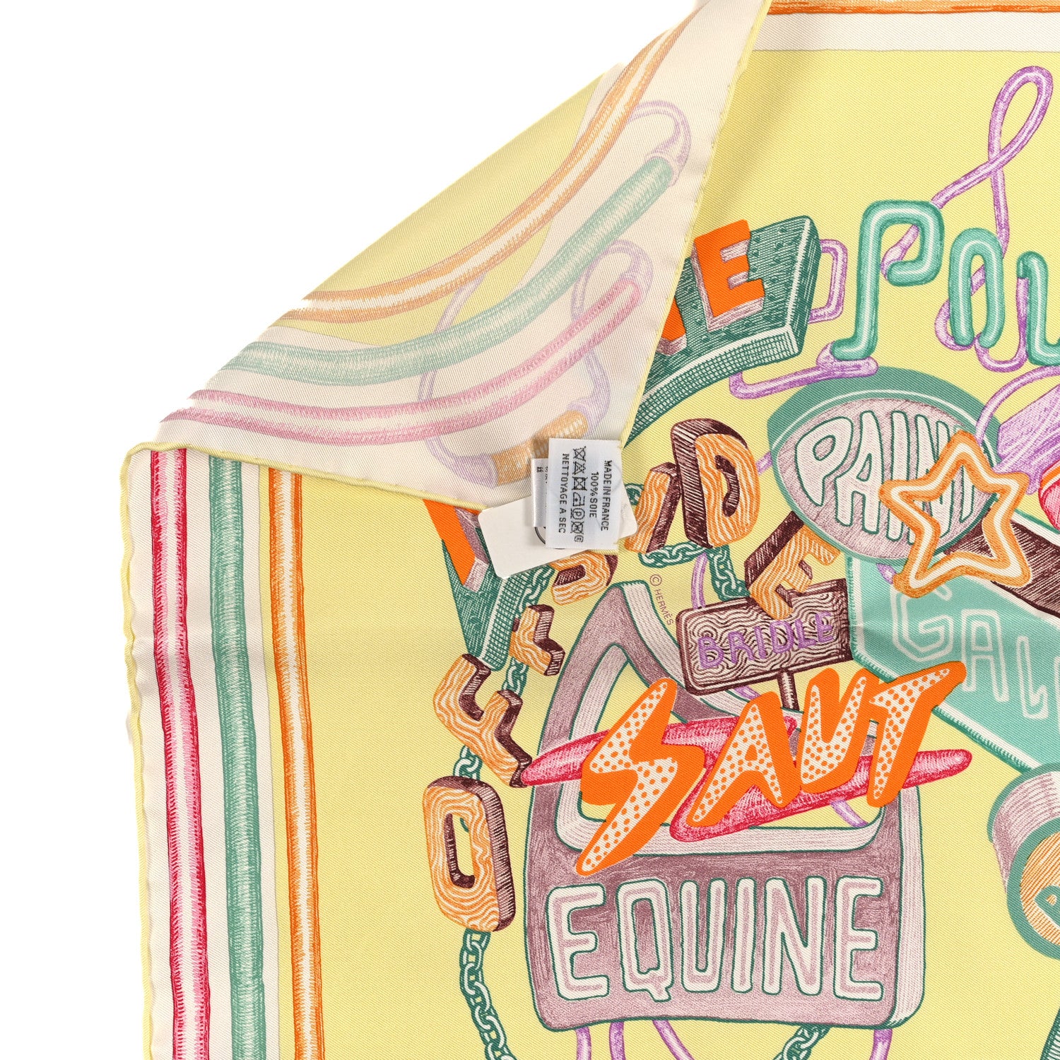 Hermes Silk Chevaloscope Neon Scarf 45 White Jaune Soufre Vert 3 of 3