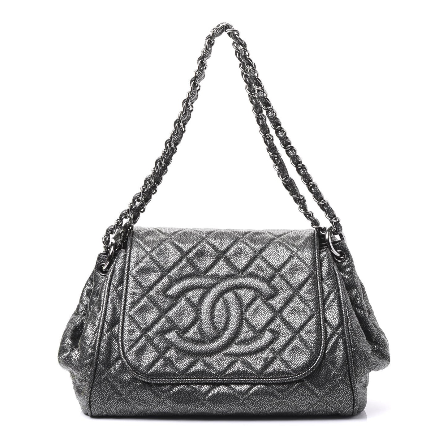 Metallic Caviar Quilted Timeless Accordion Flap Dark Silver