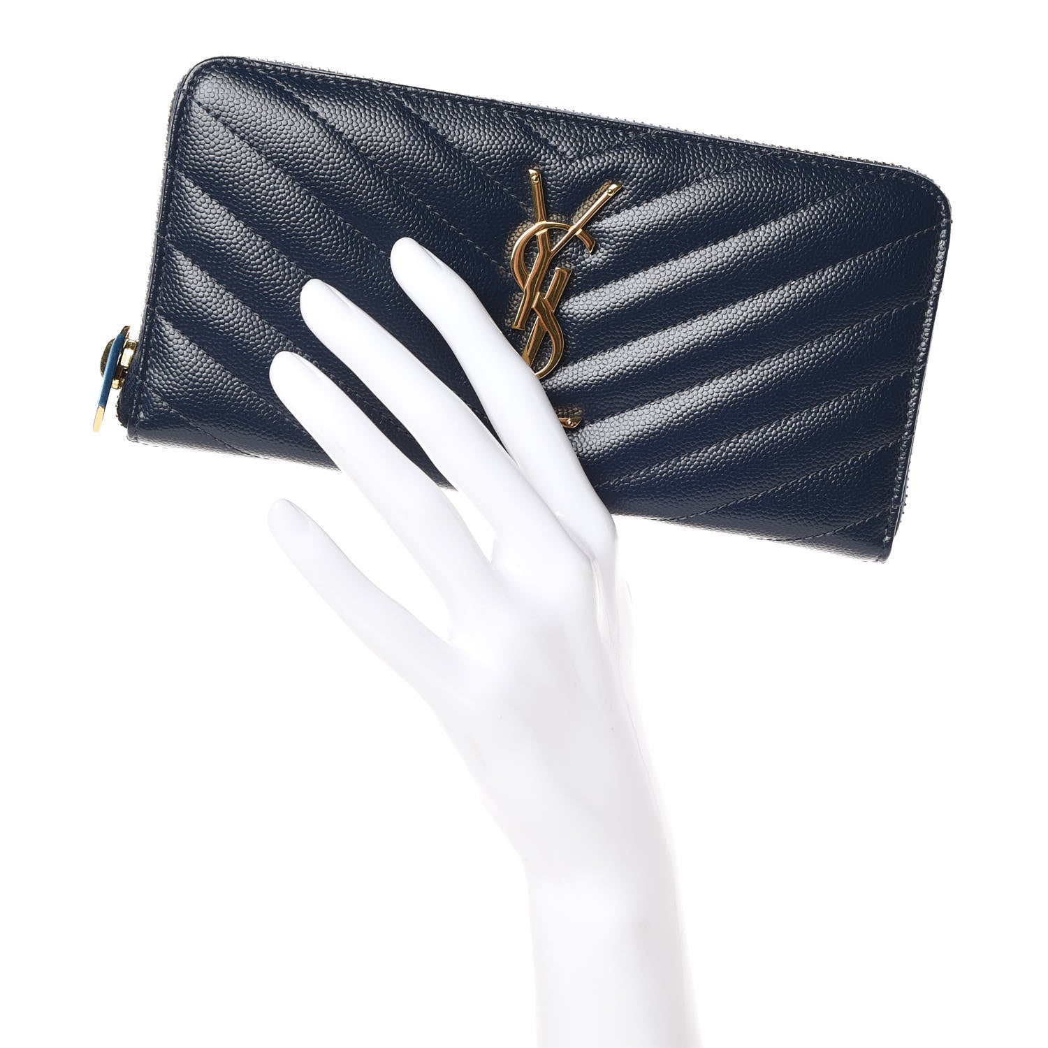 Saint Laurent Grain De Poudre Matelasse Chevron Monogram Zip Around Wallet Navy 2 of 7