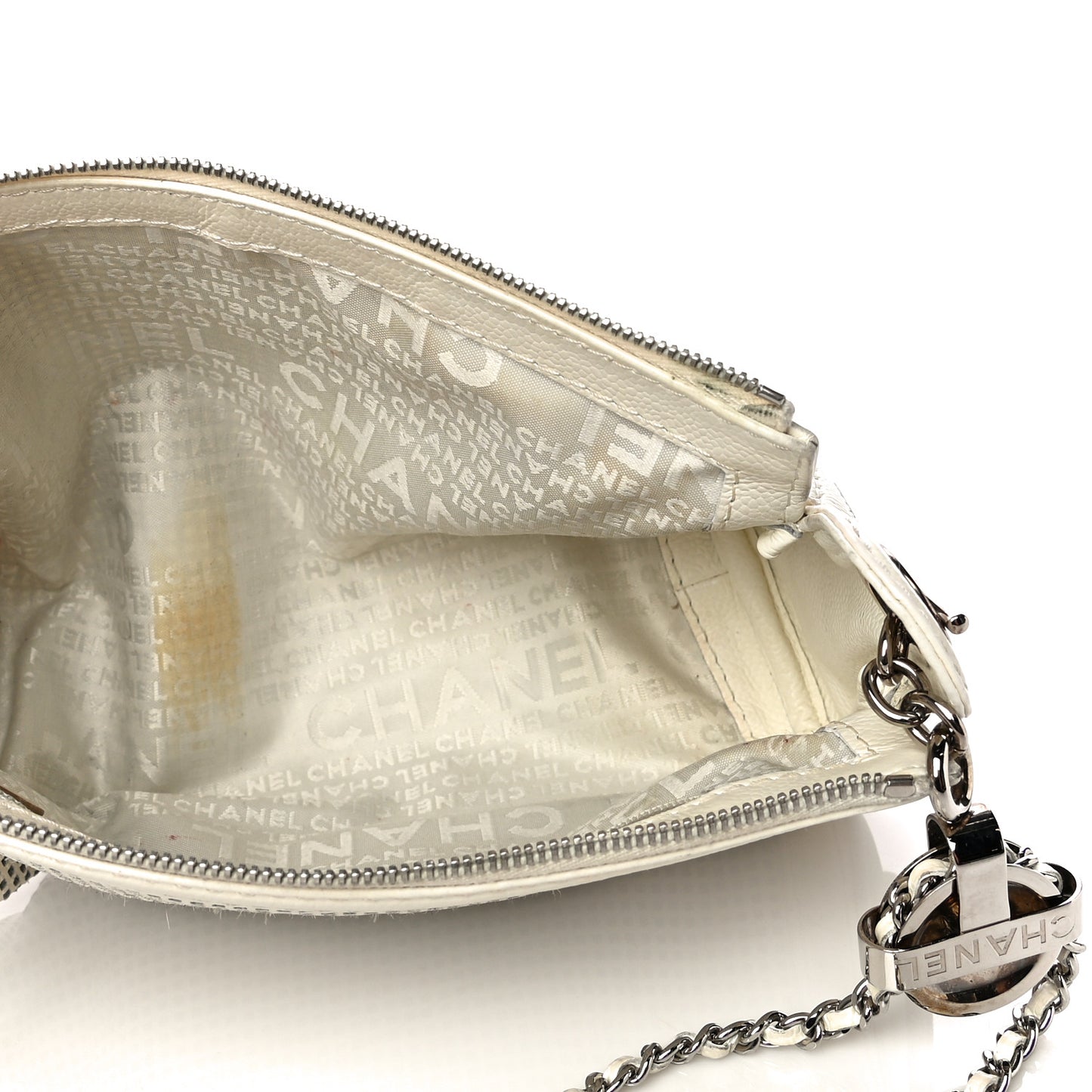 Caviar Perforated Pulley Shoulder Bag White