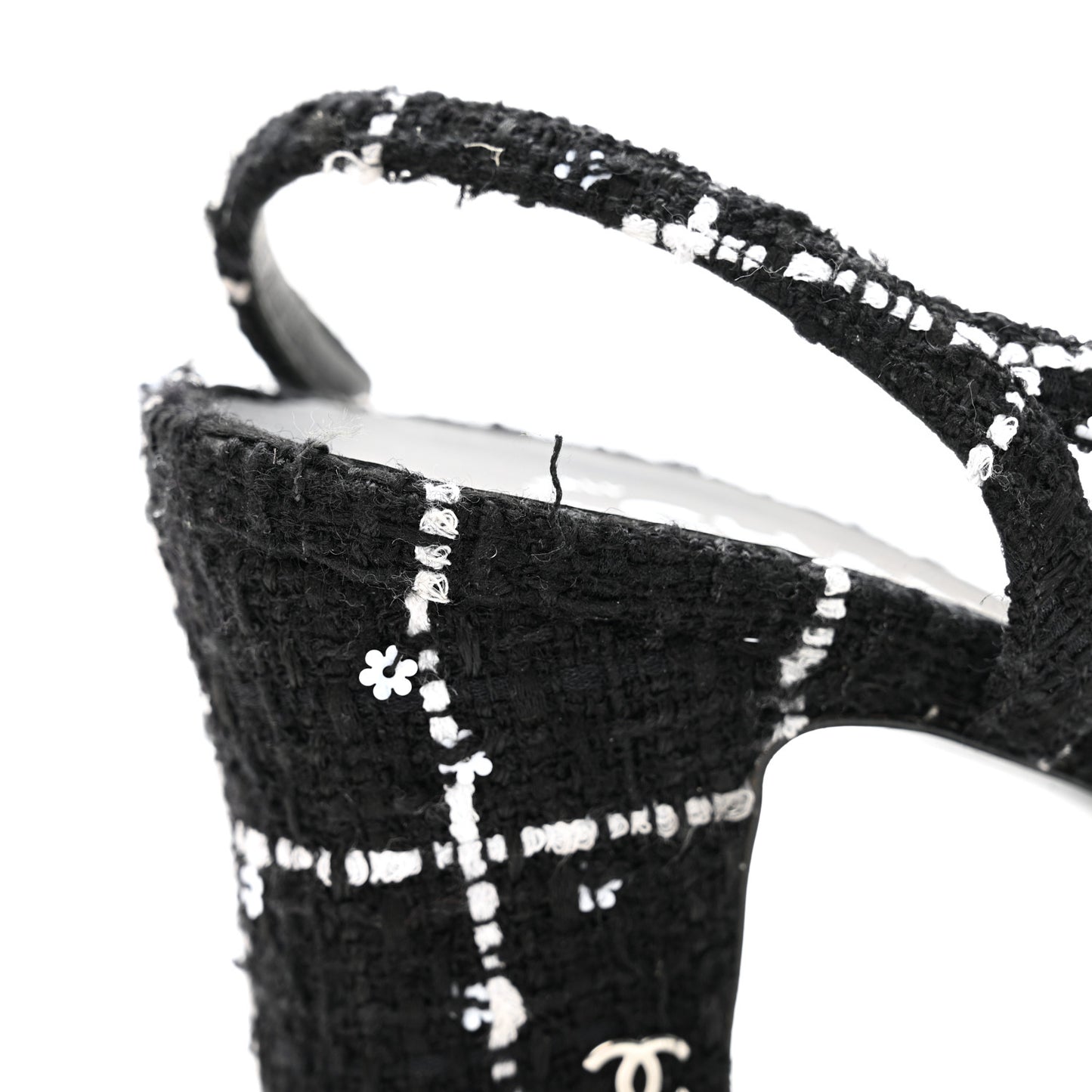 Tweed Sequins Corduroy Cap Toe CC Slingback Pumps 38 Black White
