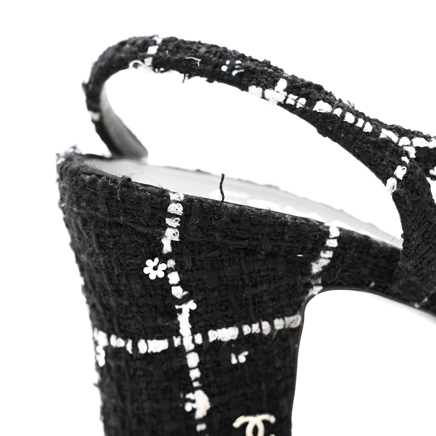 Chanel Tweed Sequins Corduroy Cap Toe CC Slingback Pumps 38 Black White 9 of 14