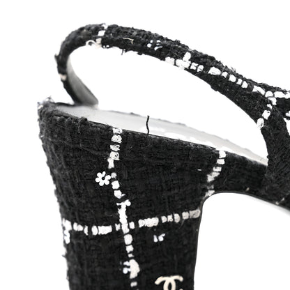 Chanel Tweed Sequins Corduroy Cap Toe CC Slingback Pumps 38 Black White 9 of 14