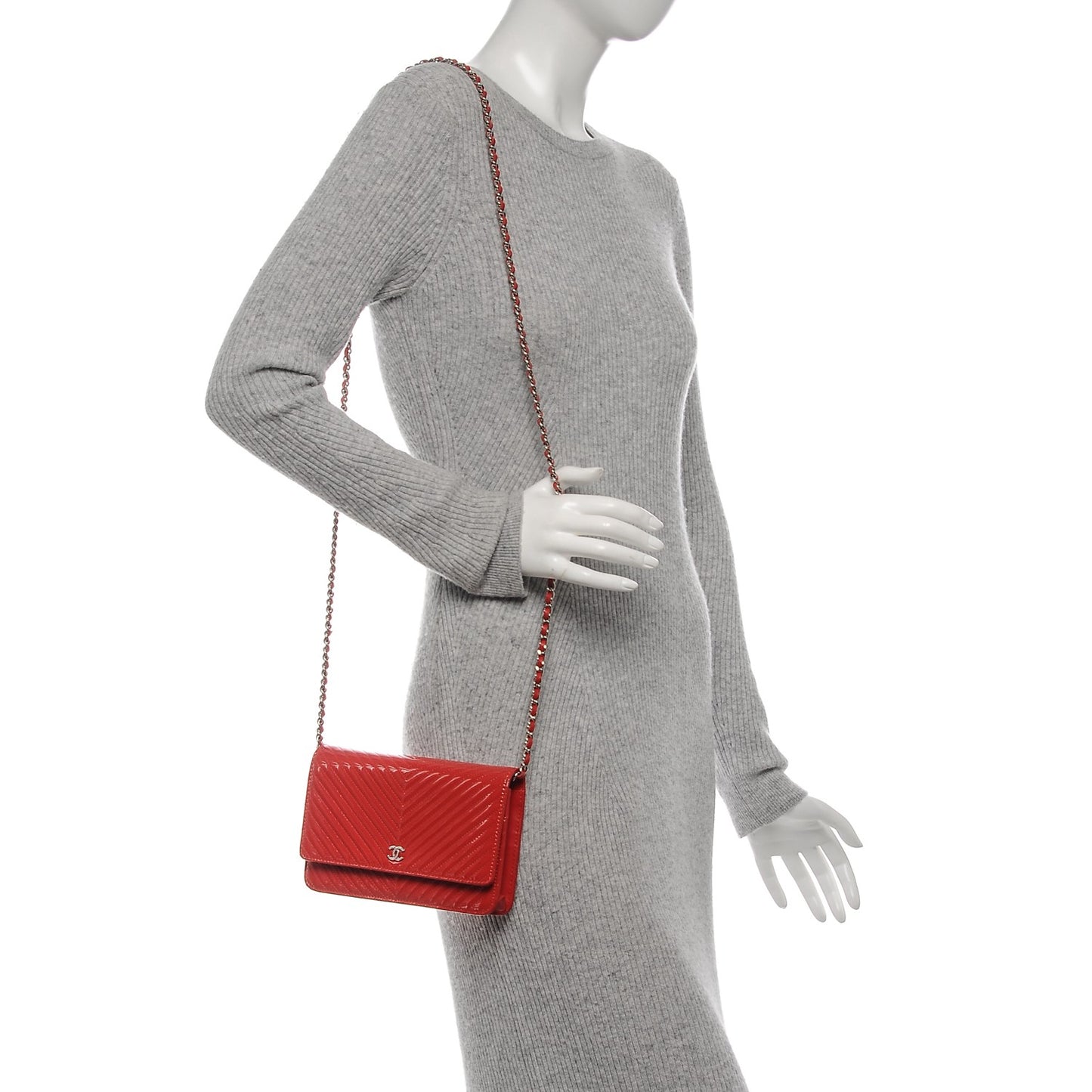 Patent Calfskin Chevron Quilted Wallet On Chain WOC Red