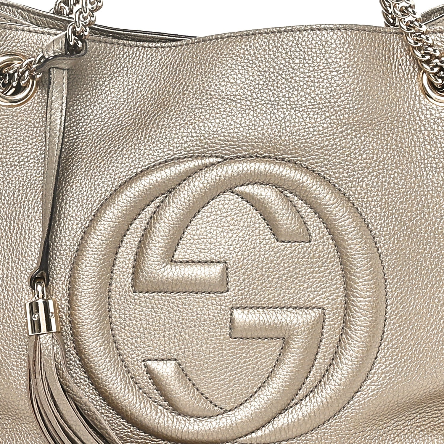 Gucci Metallic Pebbled Calfskin Medium Soho Chain Shoulder Bag Golden Beige 8 of 10
