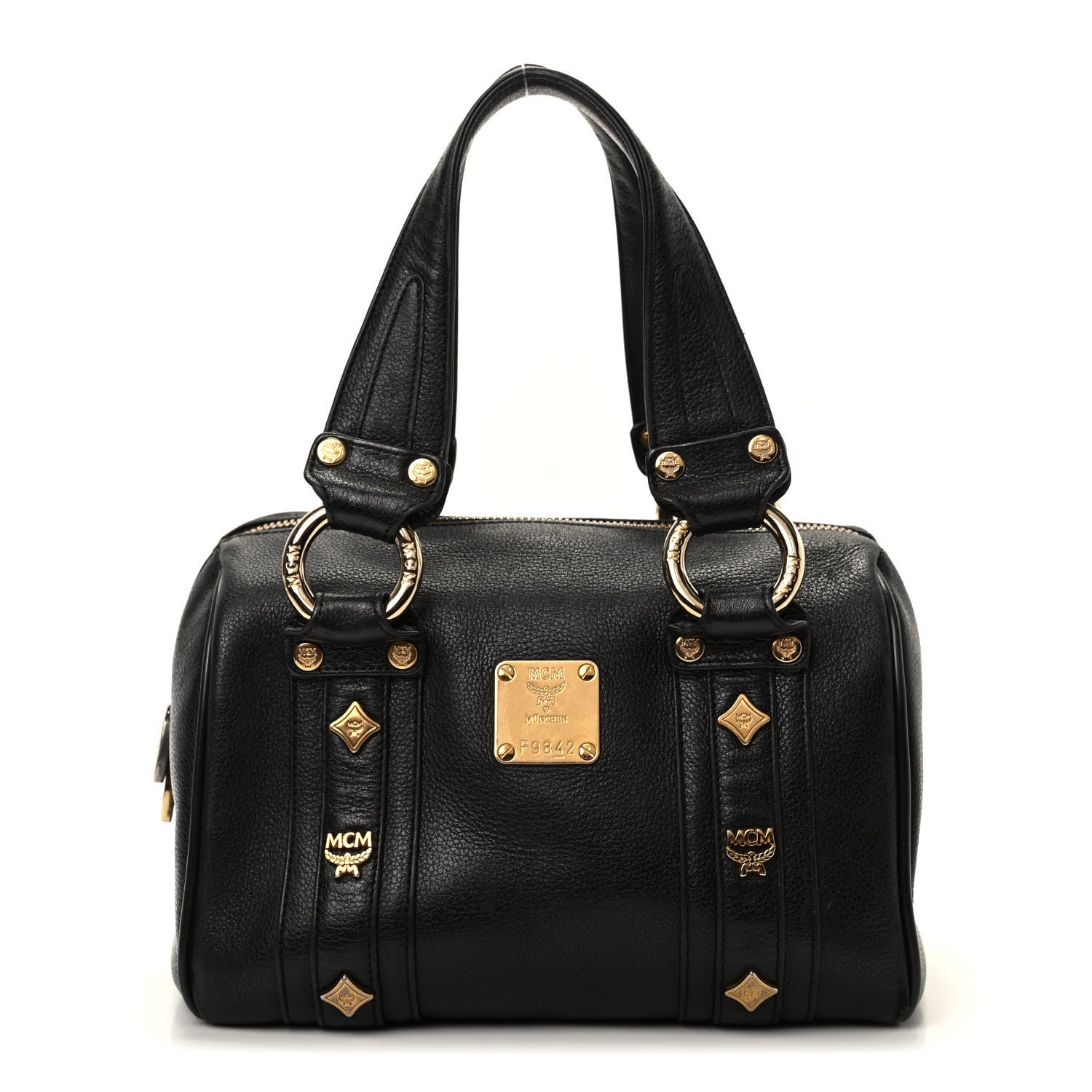 MCM Grained Calfskin Studded Boston Bag Black 1 of 9
